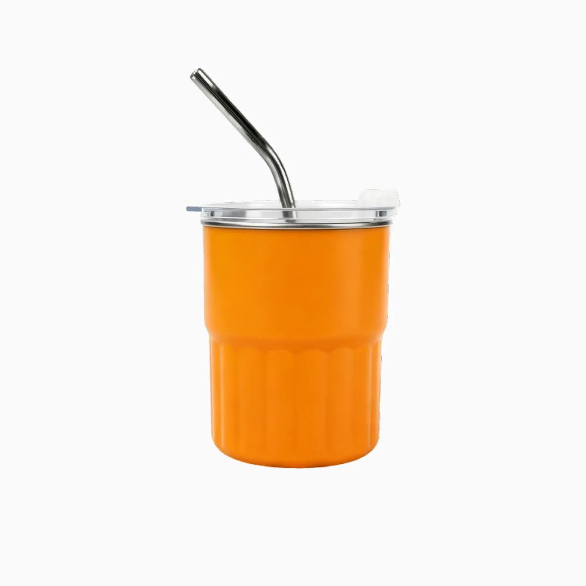 Orange tumbler with a metal straw on a white background