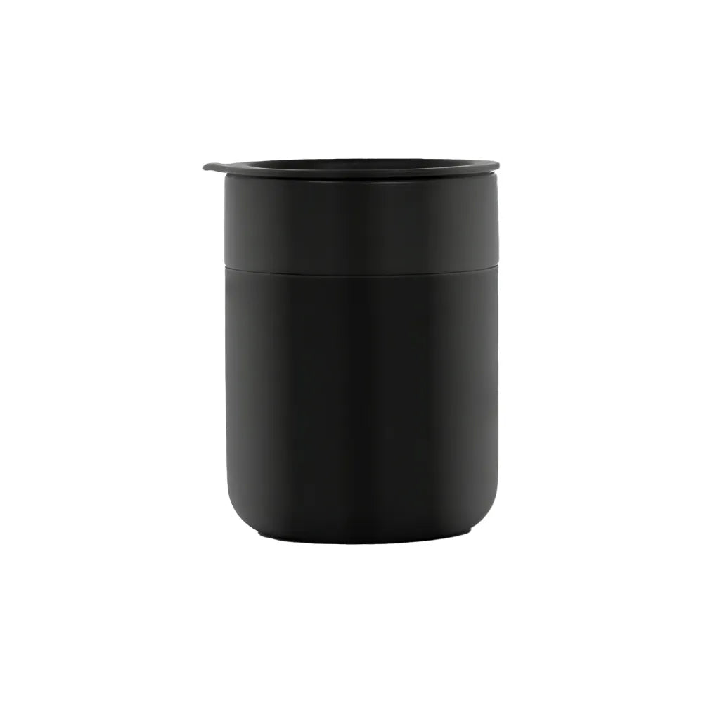 Custom branded 360ml ceramic coffee cup with silicone lid in black, bulk corporate drinkware Australia by Wumble