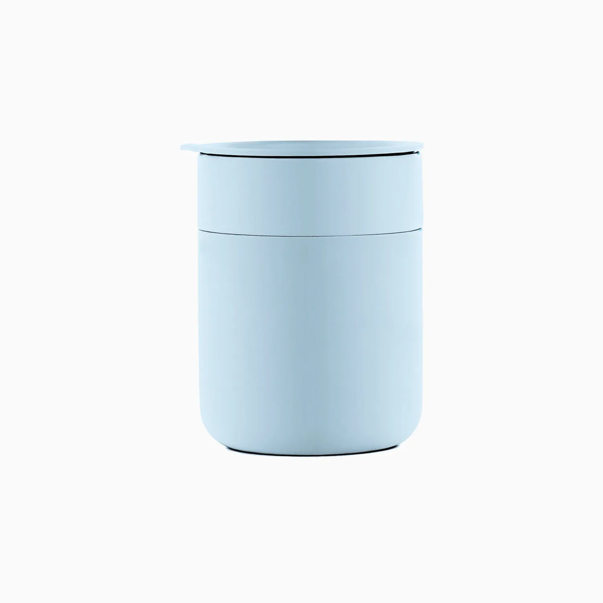 Custom branded 360ml ceramic coffee cup with silicone lid in soft blue, bulk corporate drinkware Australia by Wumble