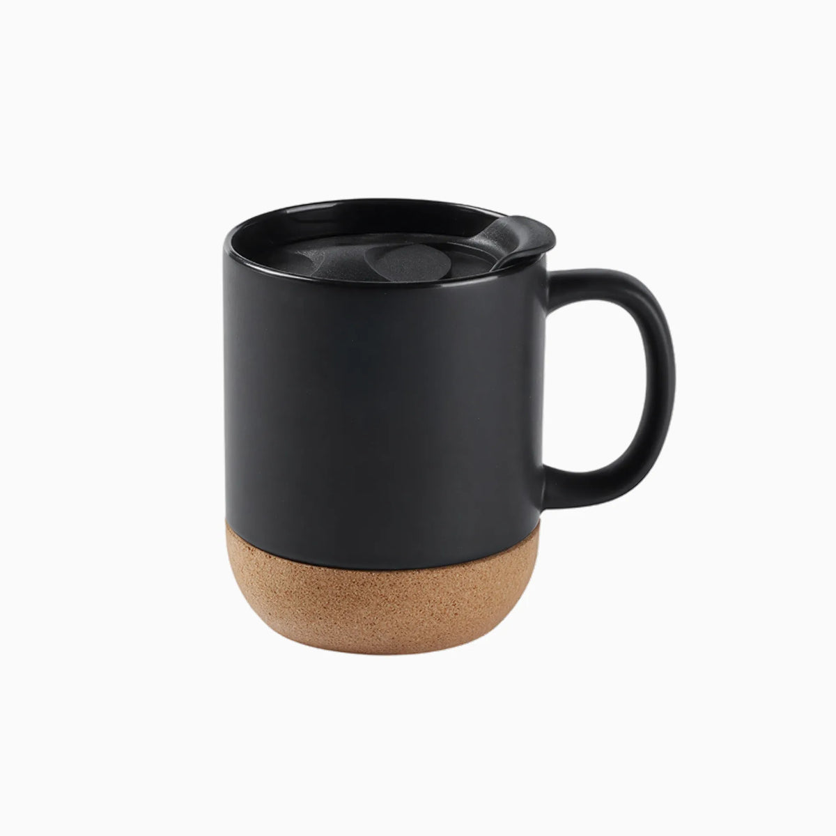 Black 400ml ceramic mug with cork base and lid for custom branded desk gifting by Wumble Merch Australia