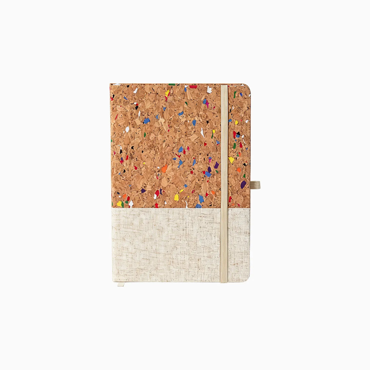 Natural cork A5 notebook with speckled cover and elastic band closure for custom branded welcome kits by Wumble Merch Australia