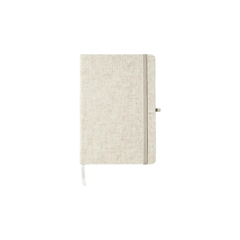 Off-white A5 cotton linen notebook with colourful elastic band closure for custom branded welcome kits by Wumble Merch Australia