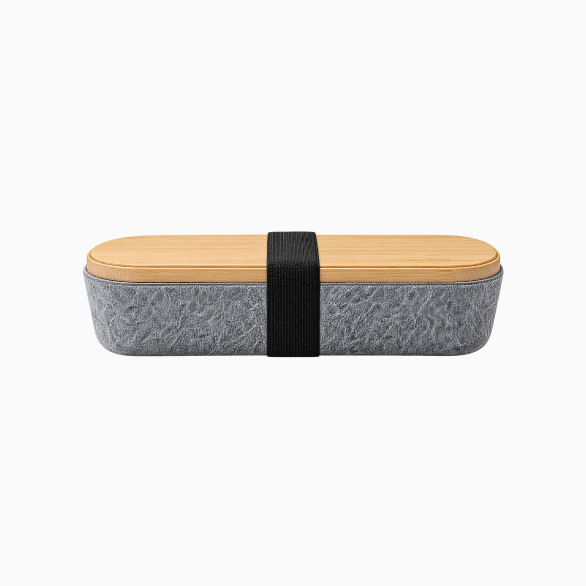 Custom branded bamboo lid pencil case with RPET felt body and elastic band closure, sustainable bulk merch Australia by Wumble Merch