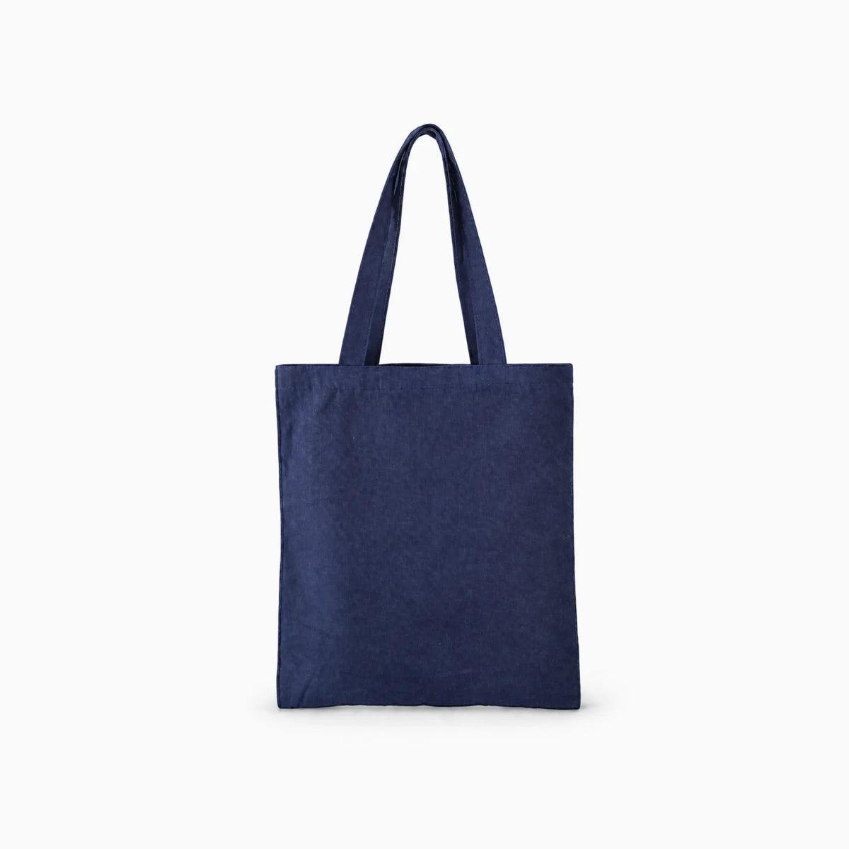 A indigo blue denim tote bag with two shoulder straps, shown against a plain light grey background.