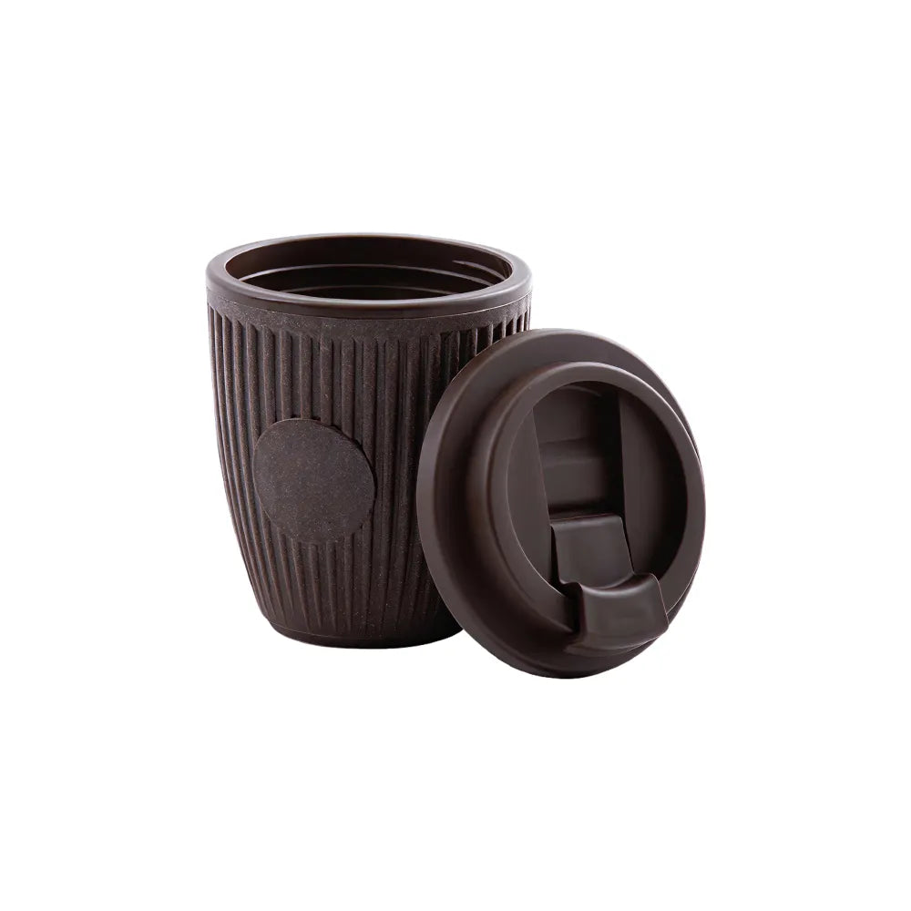 Custom branded coffee grounds eco travel cup 350ml with flip lid in dark brown, sustainable bulk merch Australia by Wumble