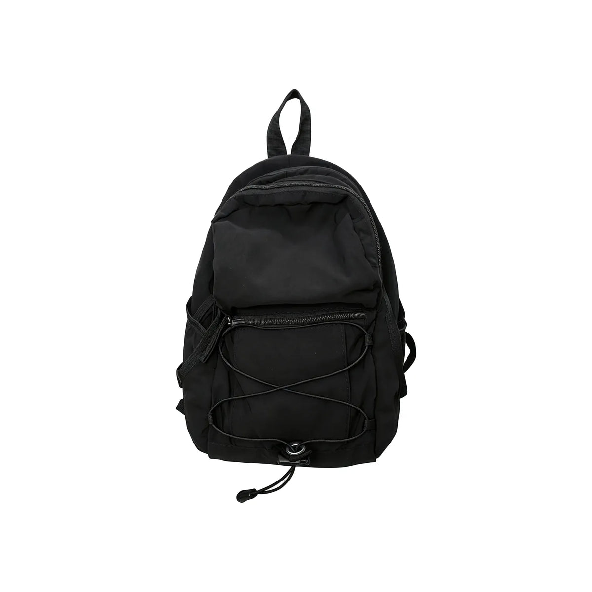 Black compact nylon outdoor daypack on a white background showing the front bungee cord, zip front pocket and twin shoulder straps, no Wumble branding applied