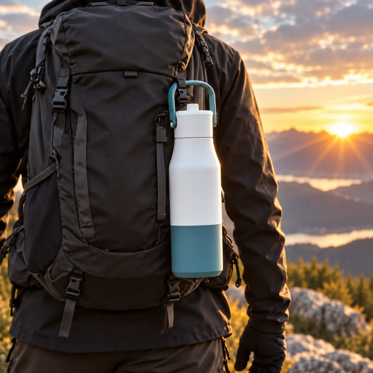 A person outdoors with a white and teal drink bottle clipped by its handle to a black backpack