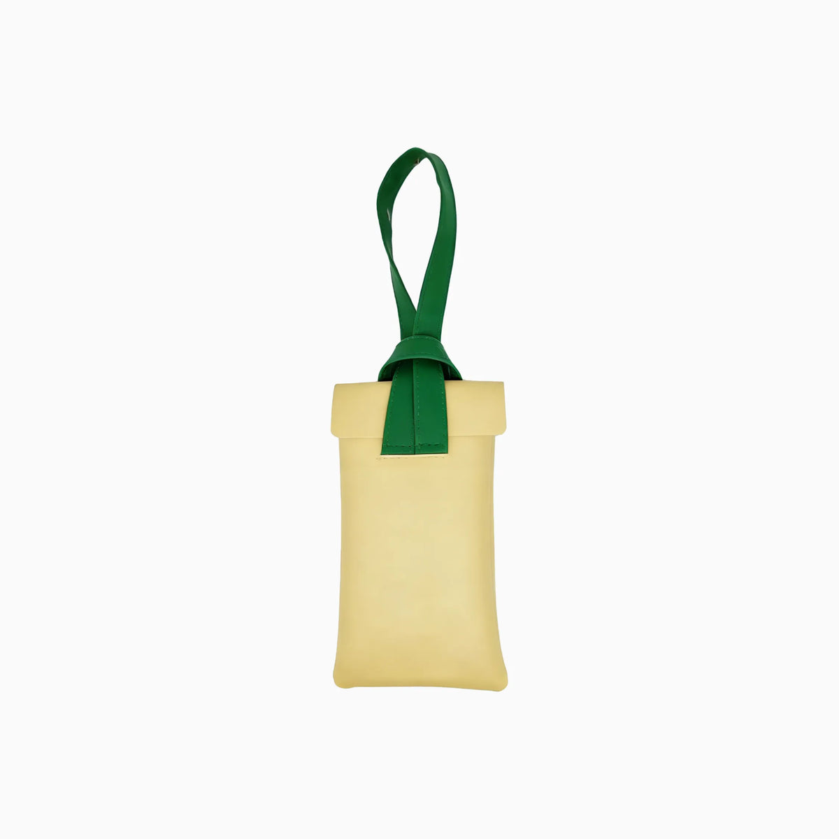Light butter yellow PU leather drawstring sunglasses pouch with green strap and buckle closure