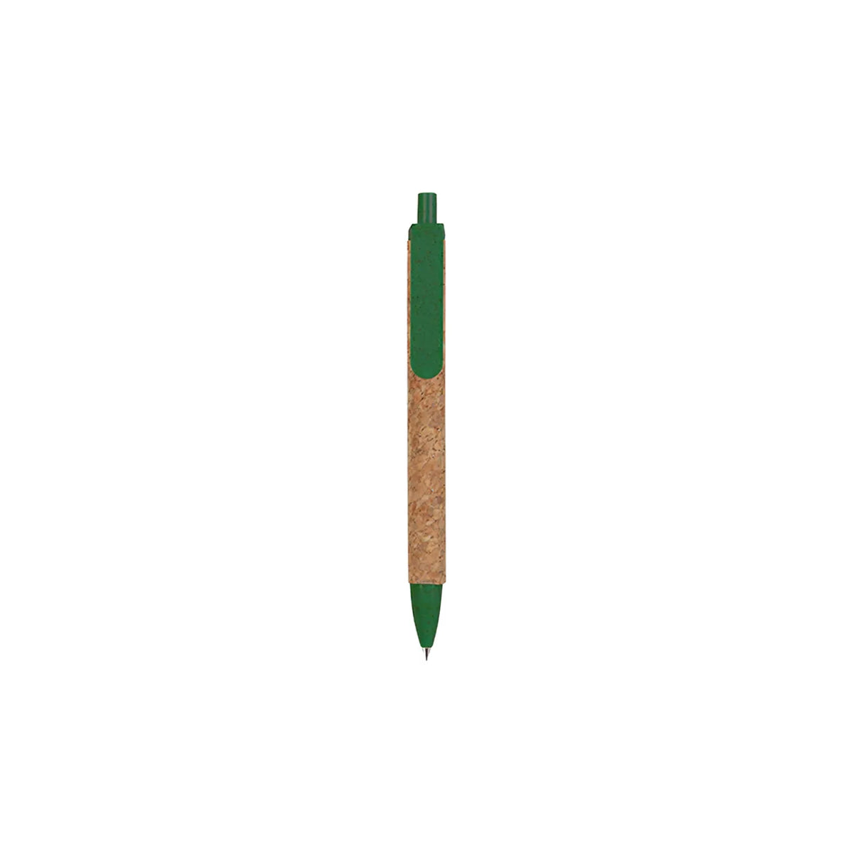 Cork & Wheat Straw Gel Pen with natural cork barrel and yellow wheat straw clip, click button and tip, upright on white
