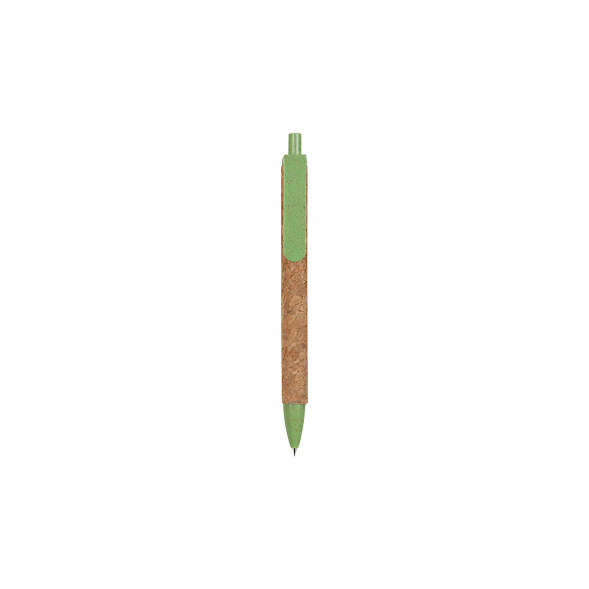 Cork & Wheat Straw Gel Pen with natural cork barrel and yellow wheat straw clip, click button and tip, upright on white