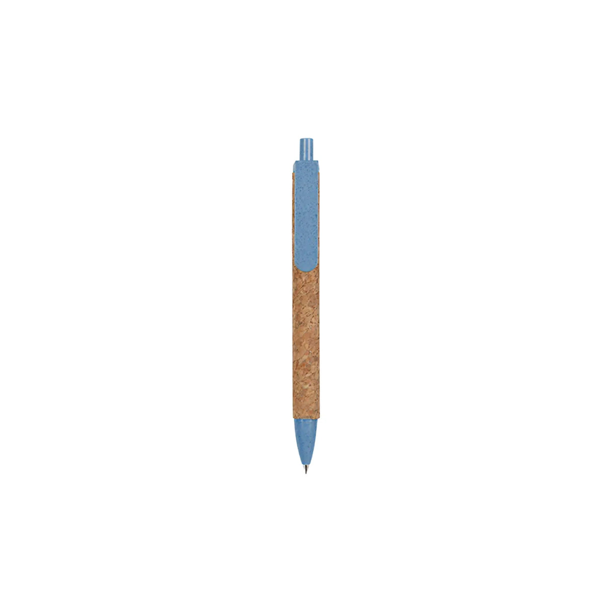 Cork & Wheat Straw Gel Pen with natural cork barrel and yellow wheat straw clip, click button and tip, upright on white