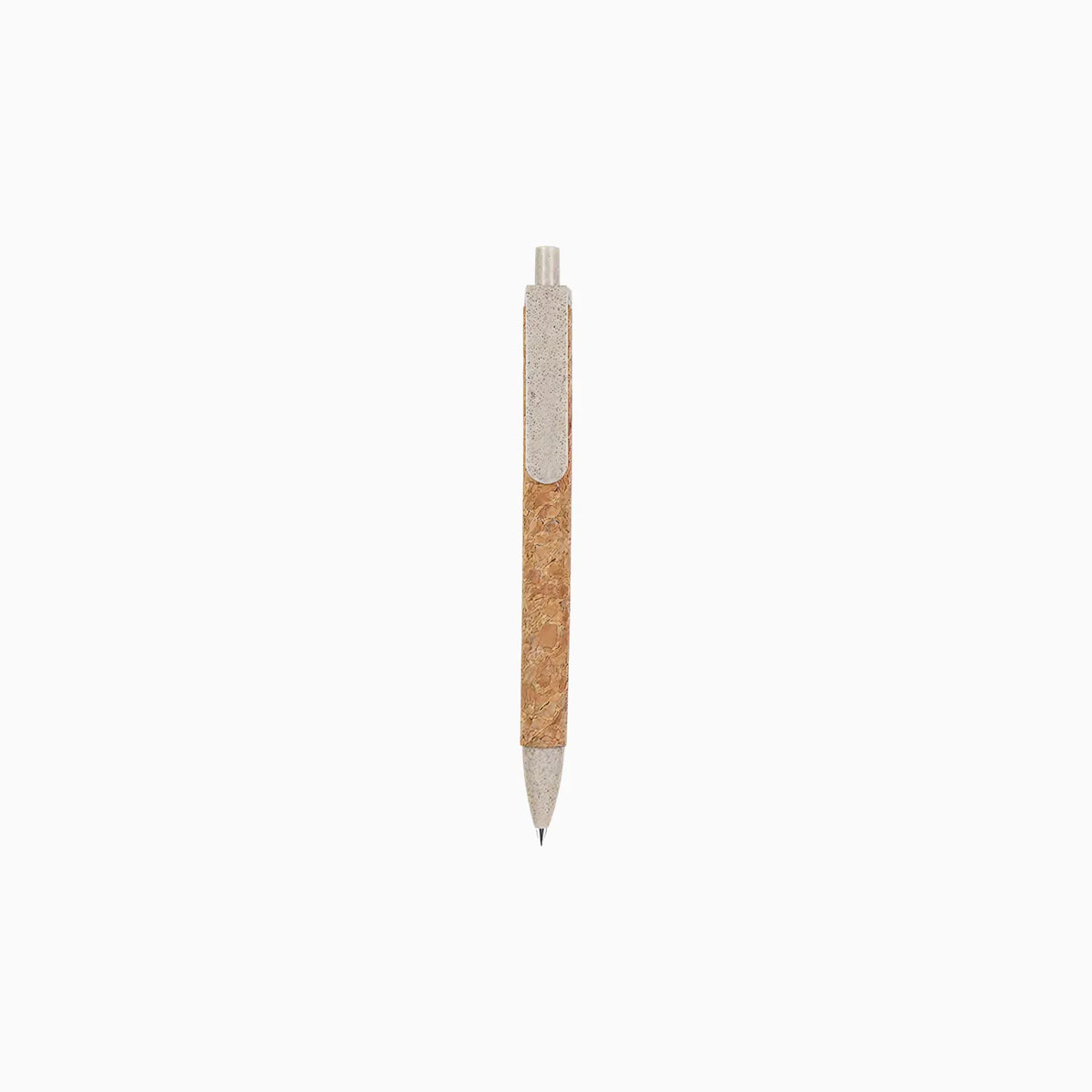 Cork & Wheat Straw Gel Pen with natural cork barrel and yellow wheat straw clip, click button and tip, upright on white