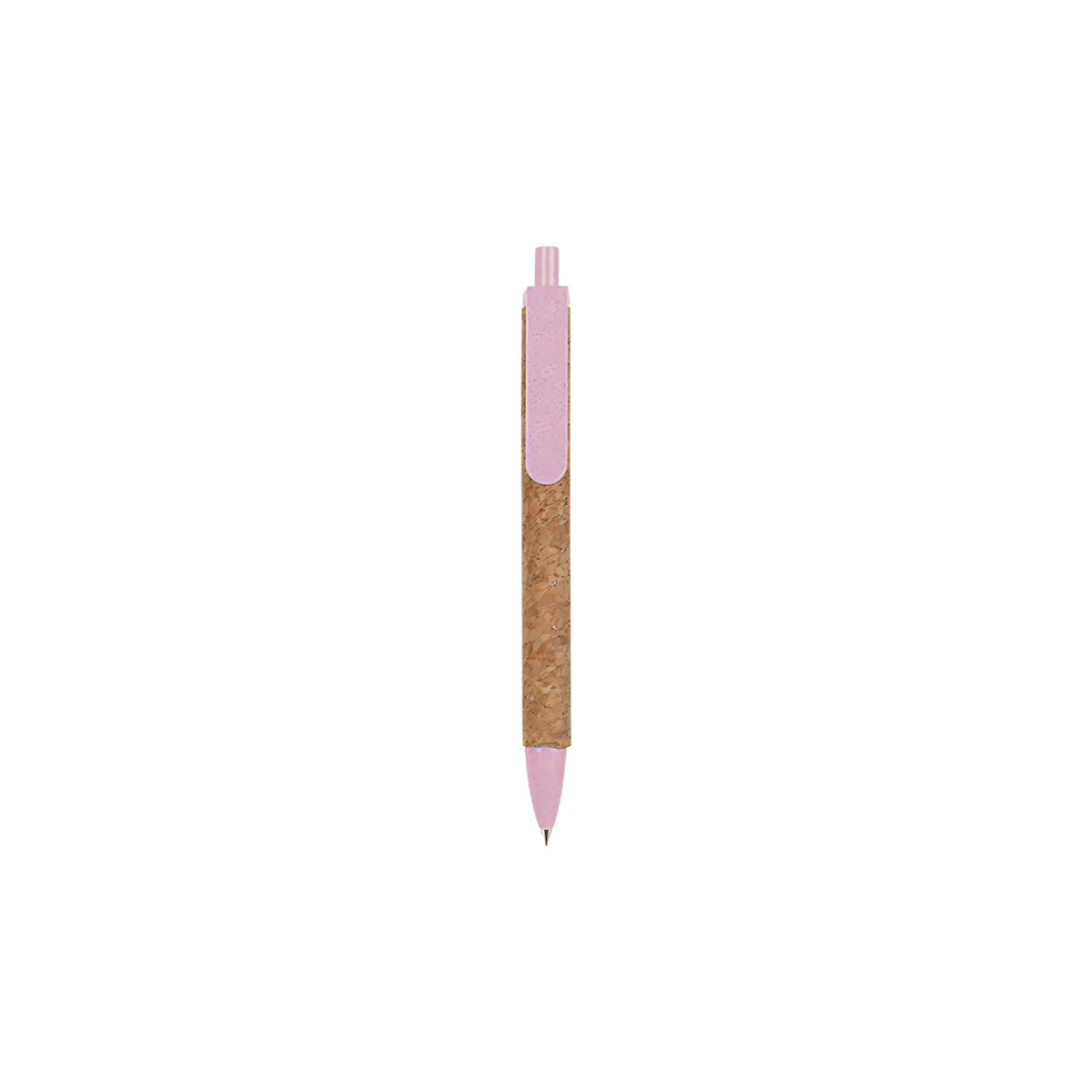 Cork & Wheat Straw Gel Pen with natural cork barrel and yellow wheat straw clip, click button and tip, upright on white