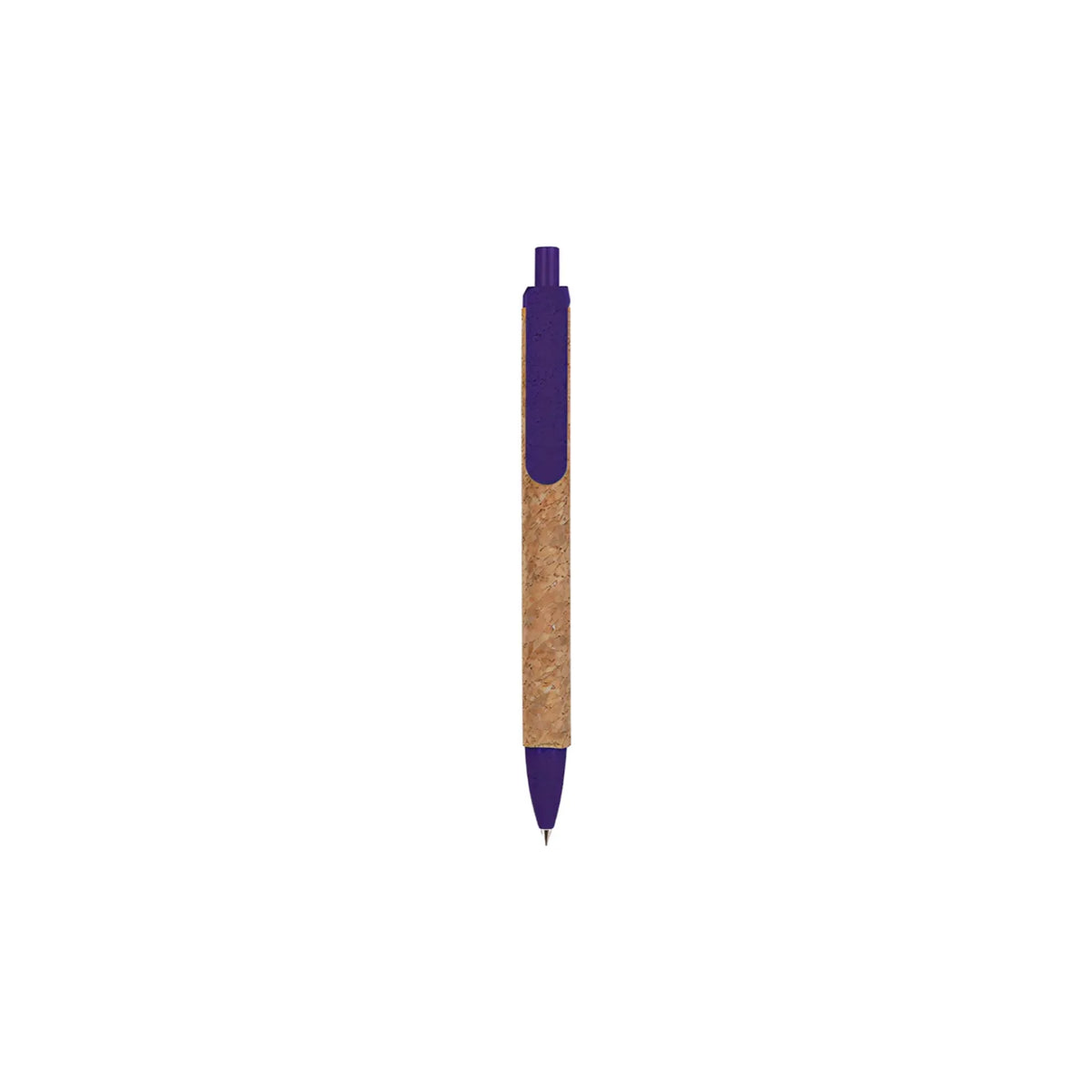 Cork & Wheat Straw Gel Pen with natural cork barrel and yellow wheat straw clip, click button and tip, upright on white