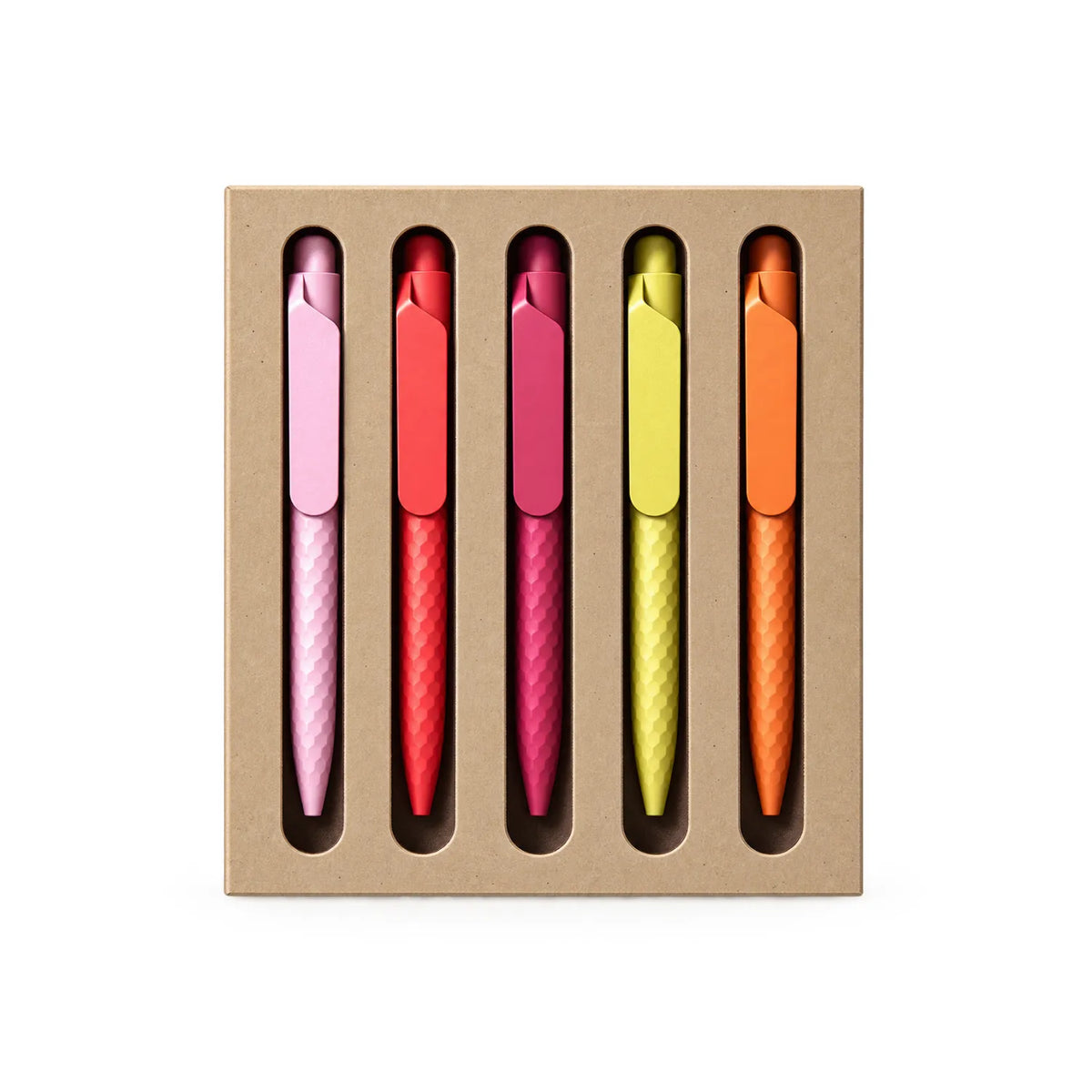 Eco-Friendly Wheat Straw Gel Pen Set with five textured click pens in a kraft corrugated tray