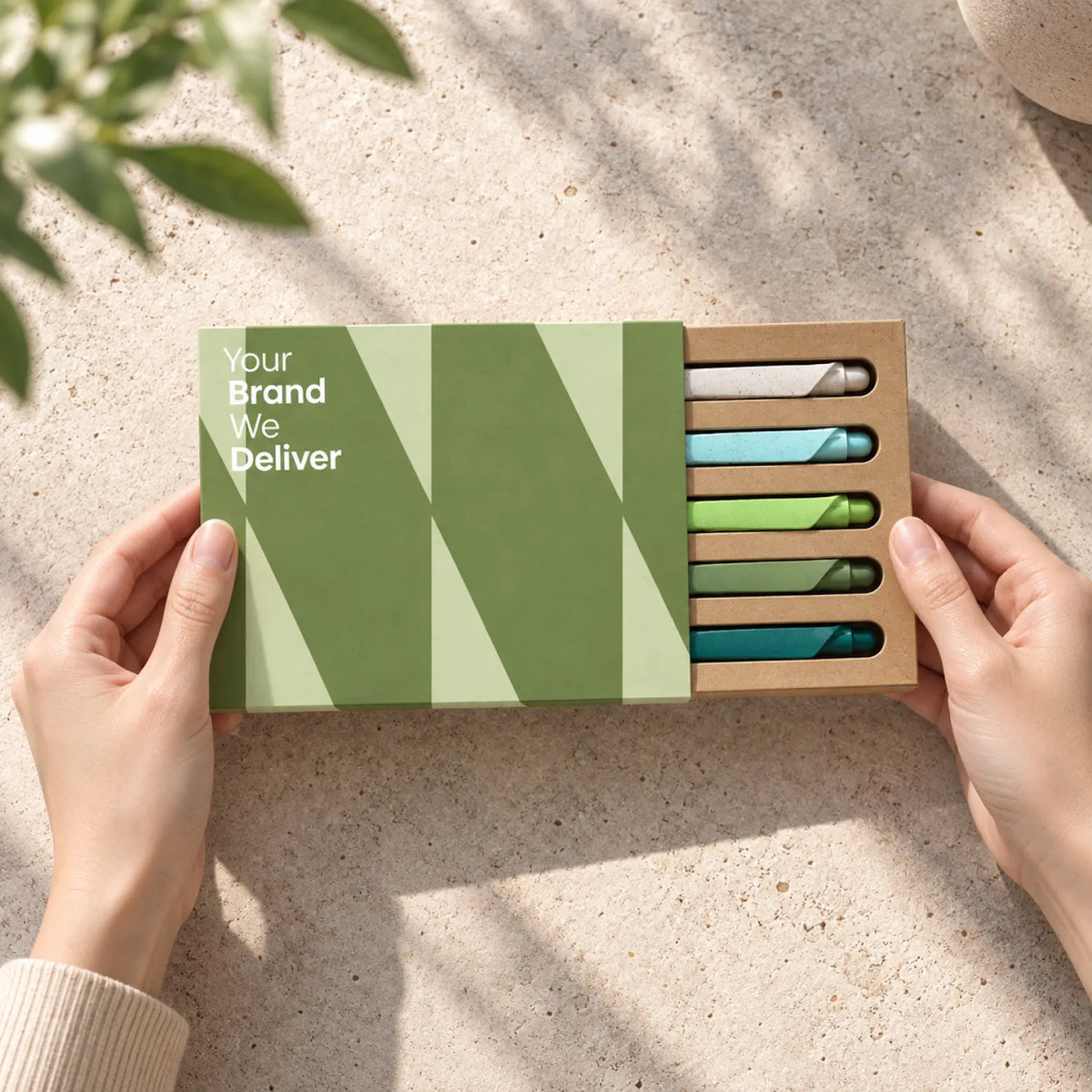 Eco-Friendly Wheat Straw Gel Pen Set with five textured click pens in a kraft corrugated tray