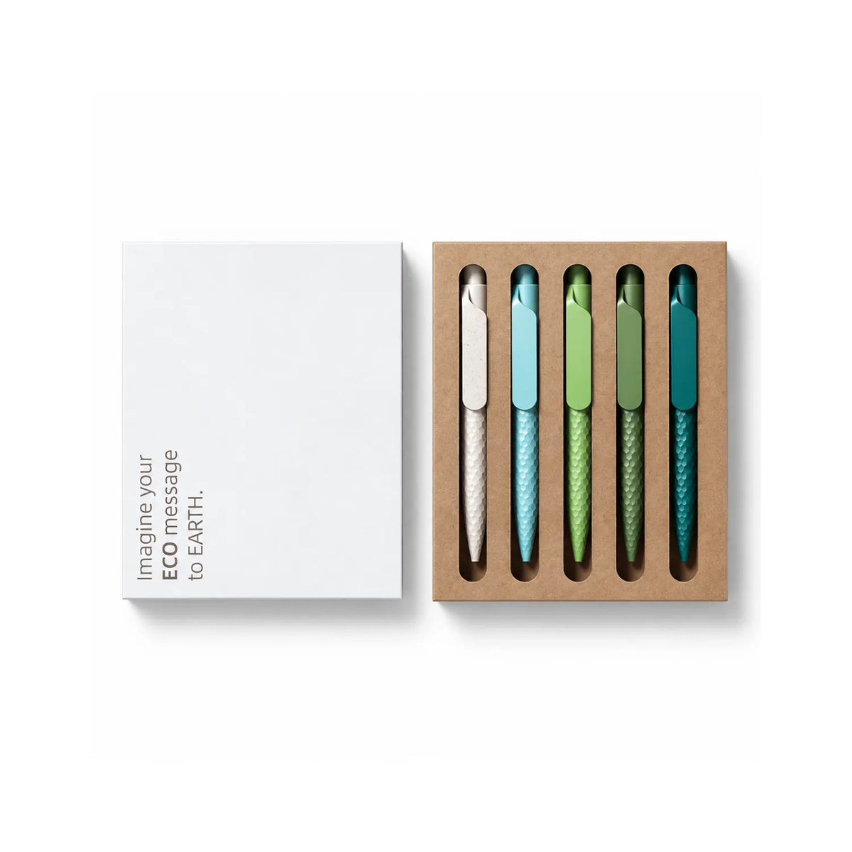 Eco-Friendly Wheat Straw Gel Pen Set with five textured click pens in a kraft corrugated tray