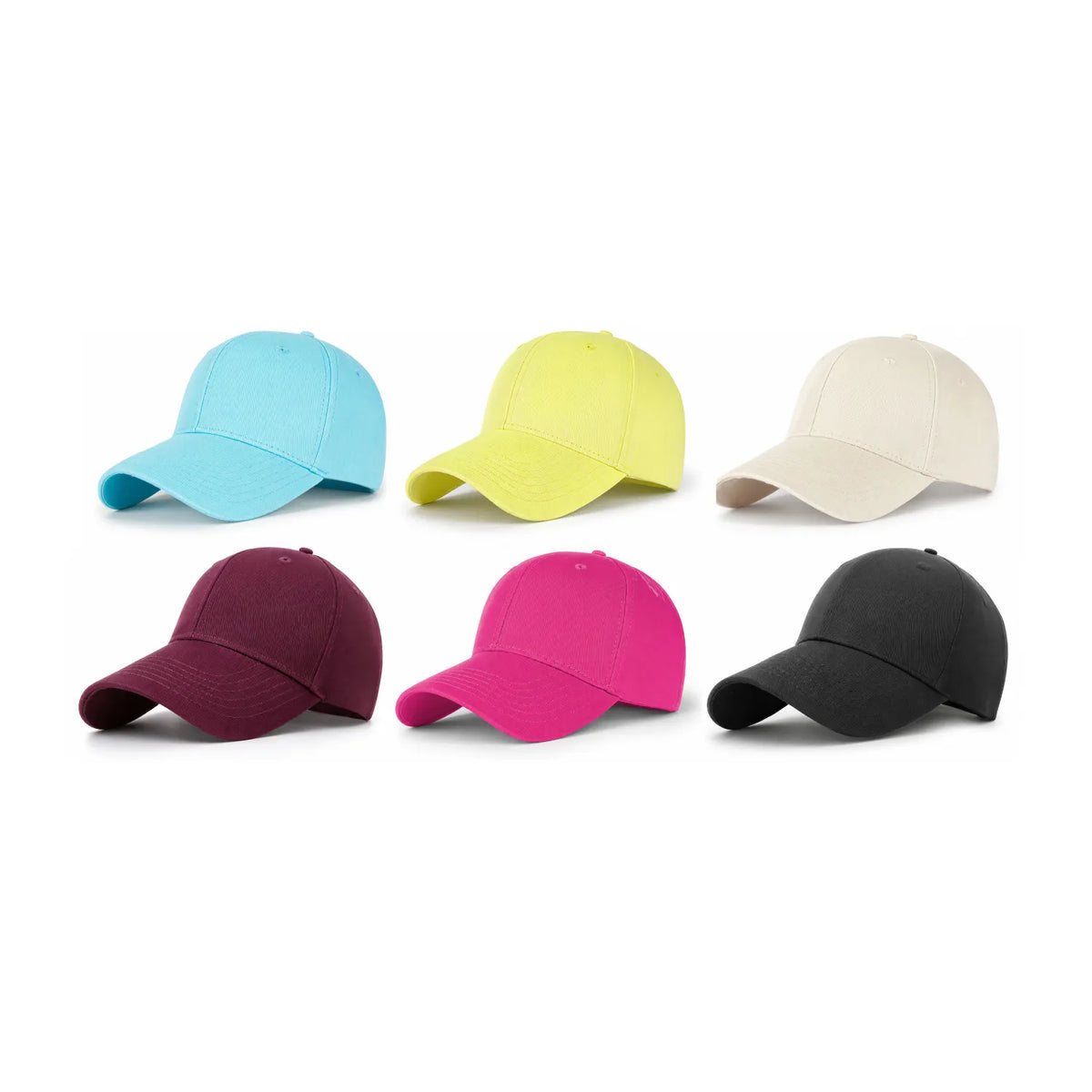 Six embroidered cotton caps in different colours arranged in two rows on a white background: mint blue, pear green, off-white, burgundy, hot pink, and black.