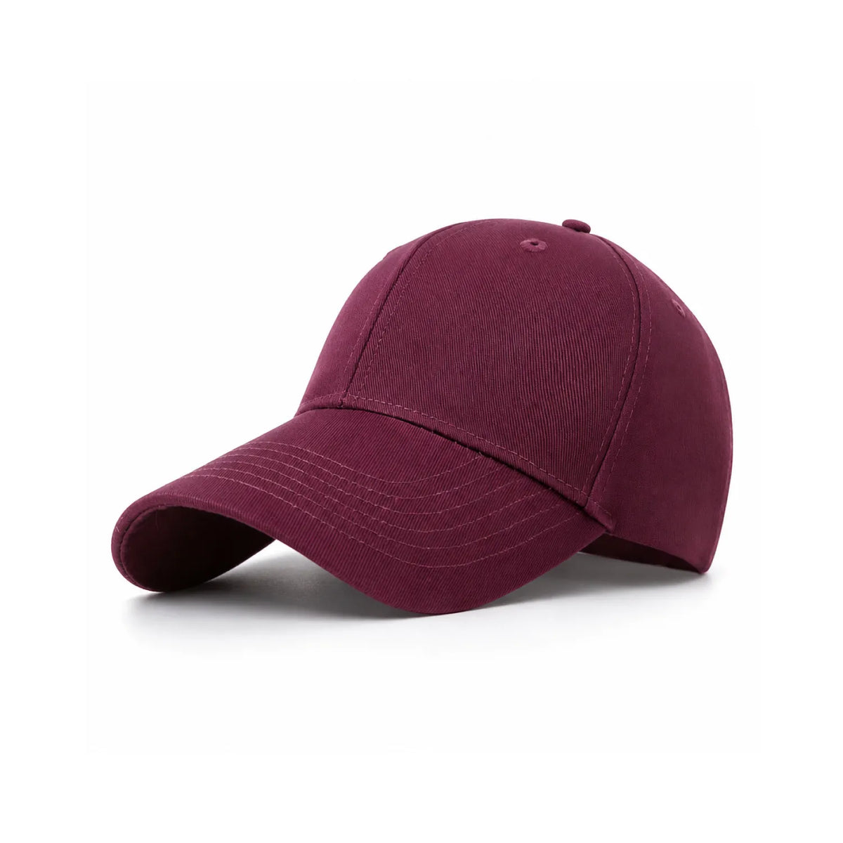 A classic six-panel embroidered cotton cap in a burgundy colour, shown from a three-quarters angle on a clean white background.