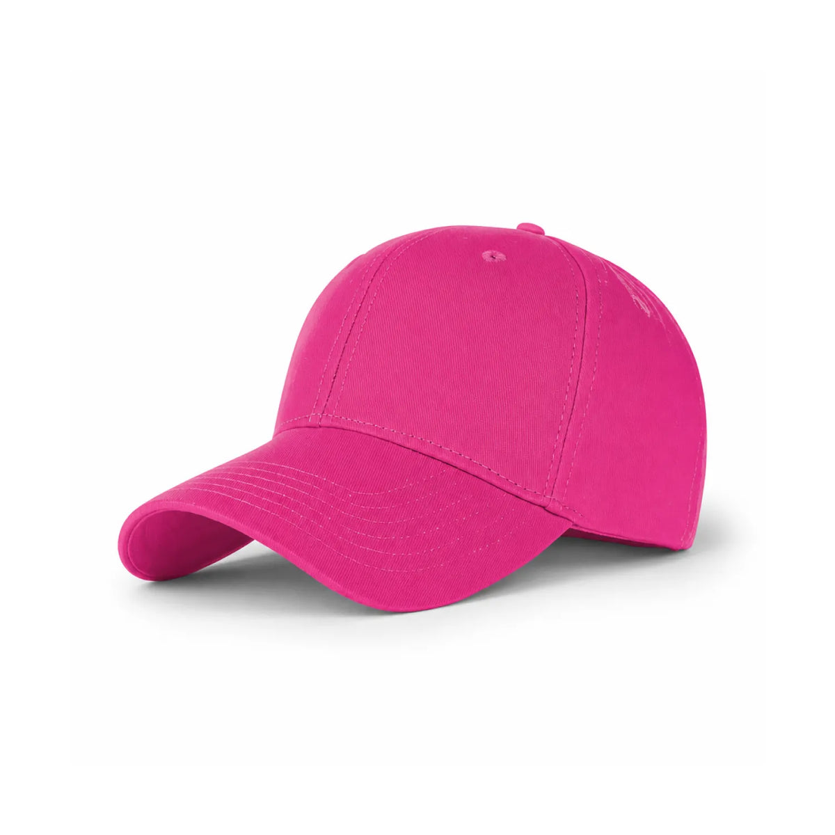 A hot pink embroidered cotton cap shown from a three-quarters angle on a clean white background.