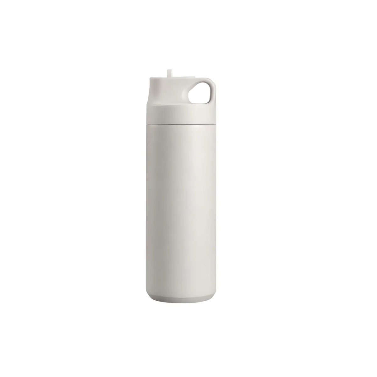 Matte grey drink bottle with a squared lid, upright spout and a moulded finger loop.