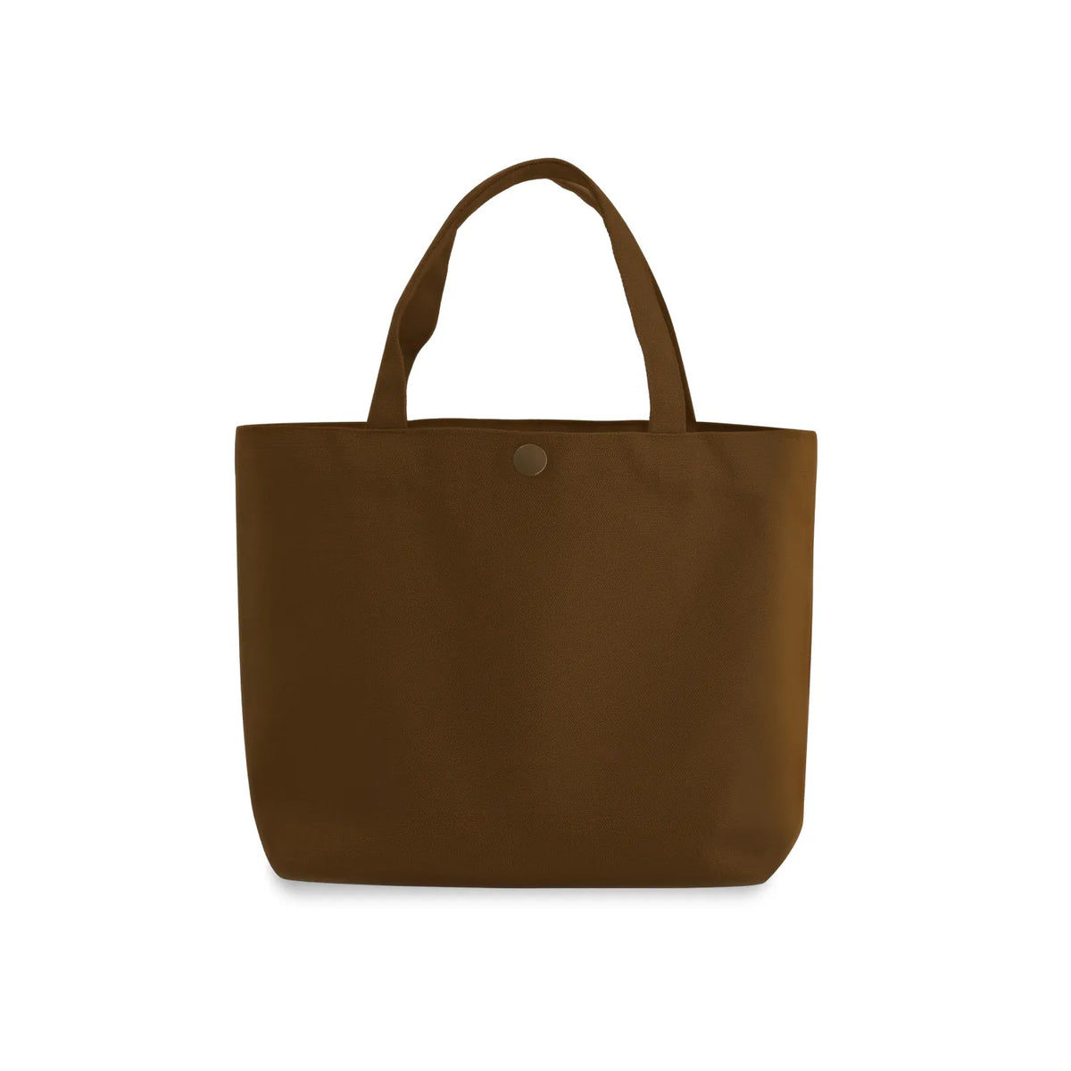 A chocolet brown gusseted canvas tote bag with two top handles and a small round metal snap button on the front, shown against a plain white background.