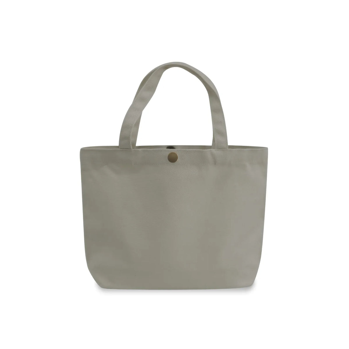 A grey canvas gusseted tote bag with two top handles and a small round metal button closure at the top center, shown against a plain white background.