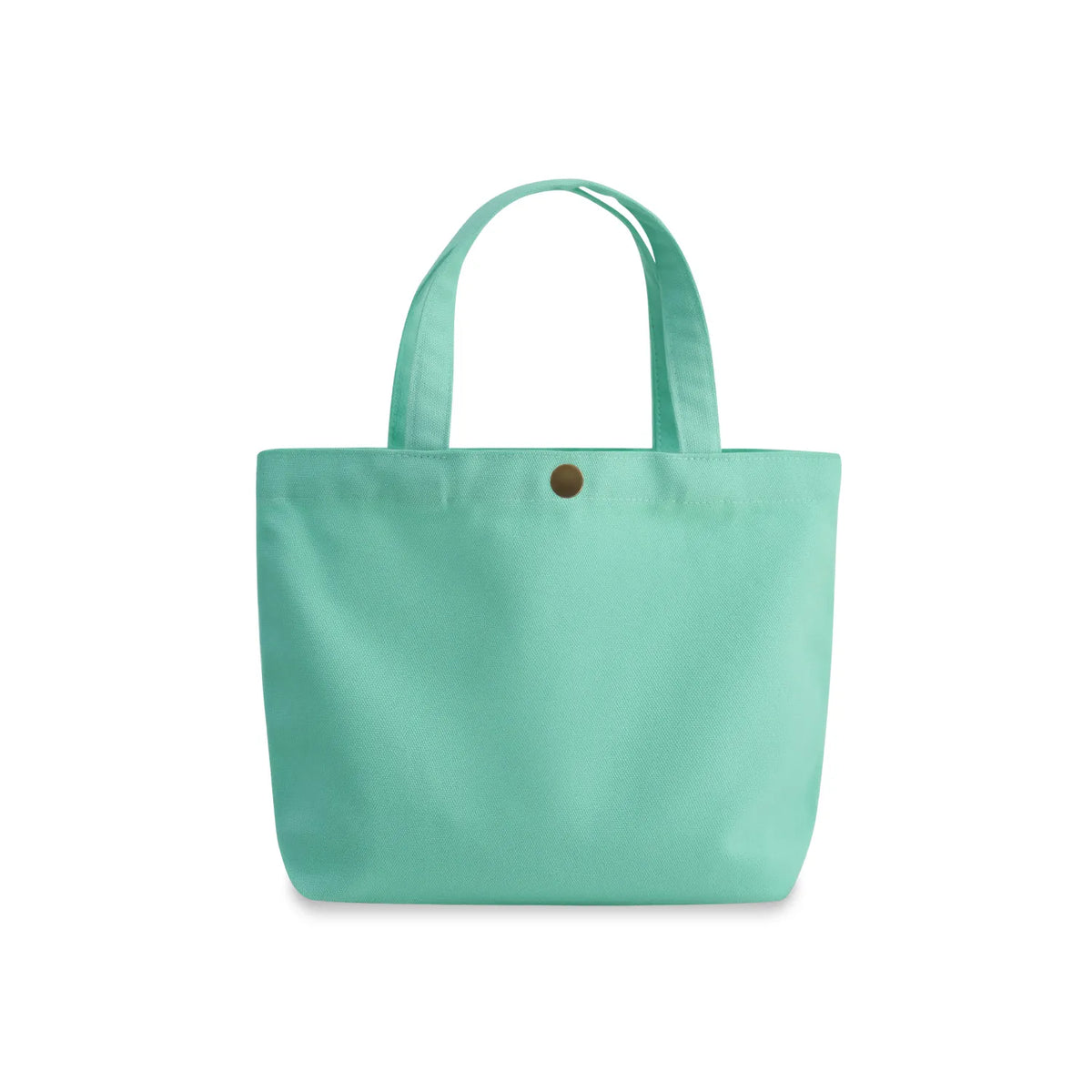 A mint green gusseted canvas tote bag with two top handles and a small brown button closure at the top center, shown against a plain white background.