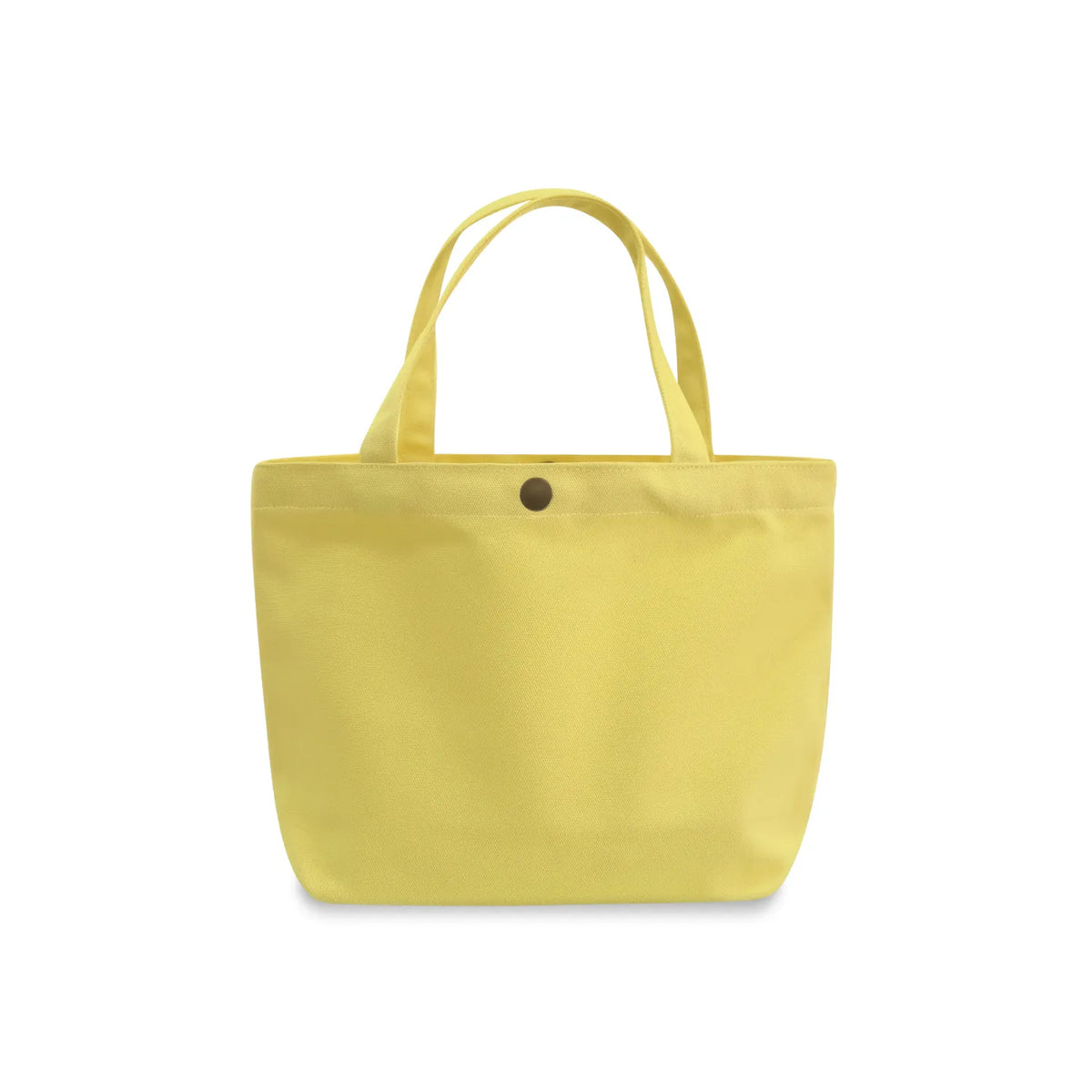 A mustard yellow gusseted canvas tote bag with two top handles and a small dark metal snap button closure at the top center, shown against a plain white background.