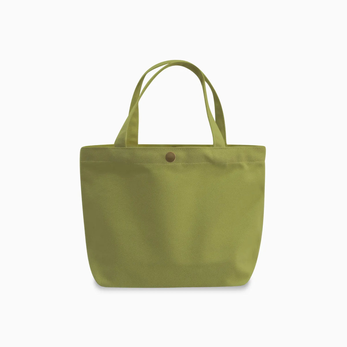 An olive green canvas tote bag with dual top handles and a small brown snap button closure, shown against a plain white background.