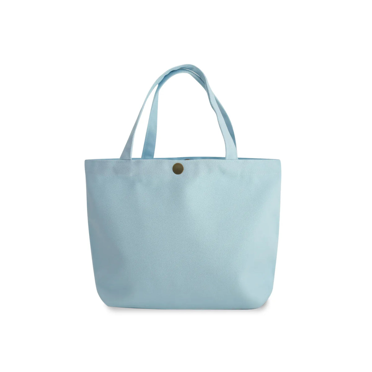 A soft blue gusseted canvas tote bag with dual shoulder straps and a small gold snap button closure at the top center, shown against a plain white background.