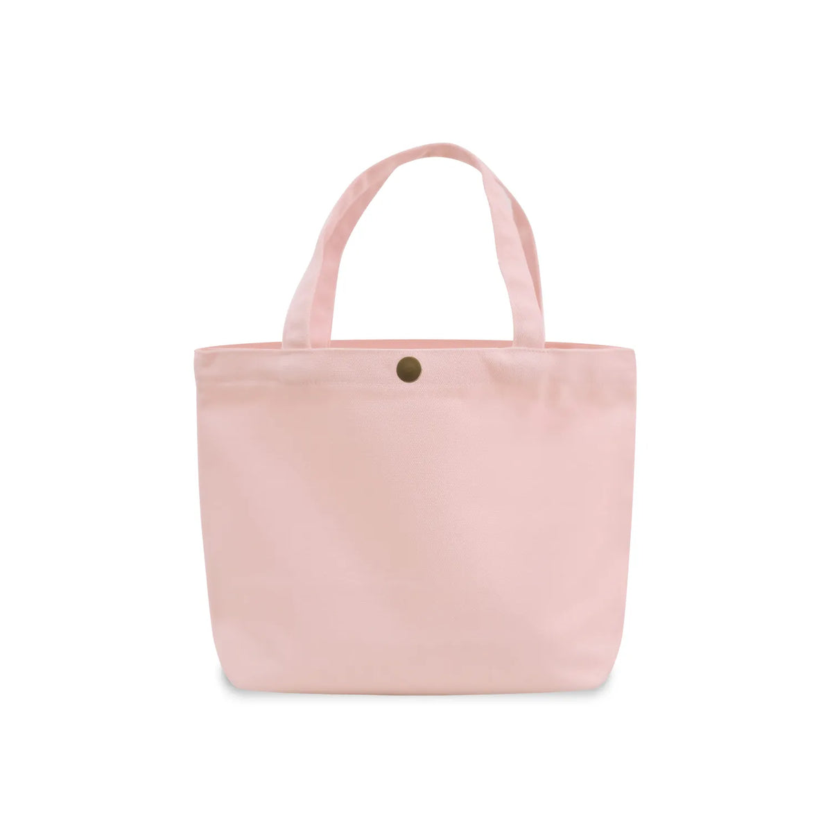 A soft pink gusseted canvas tote bag with two top handles and a small gold-tone snap button closure at the top center, shown against a plain white background.