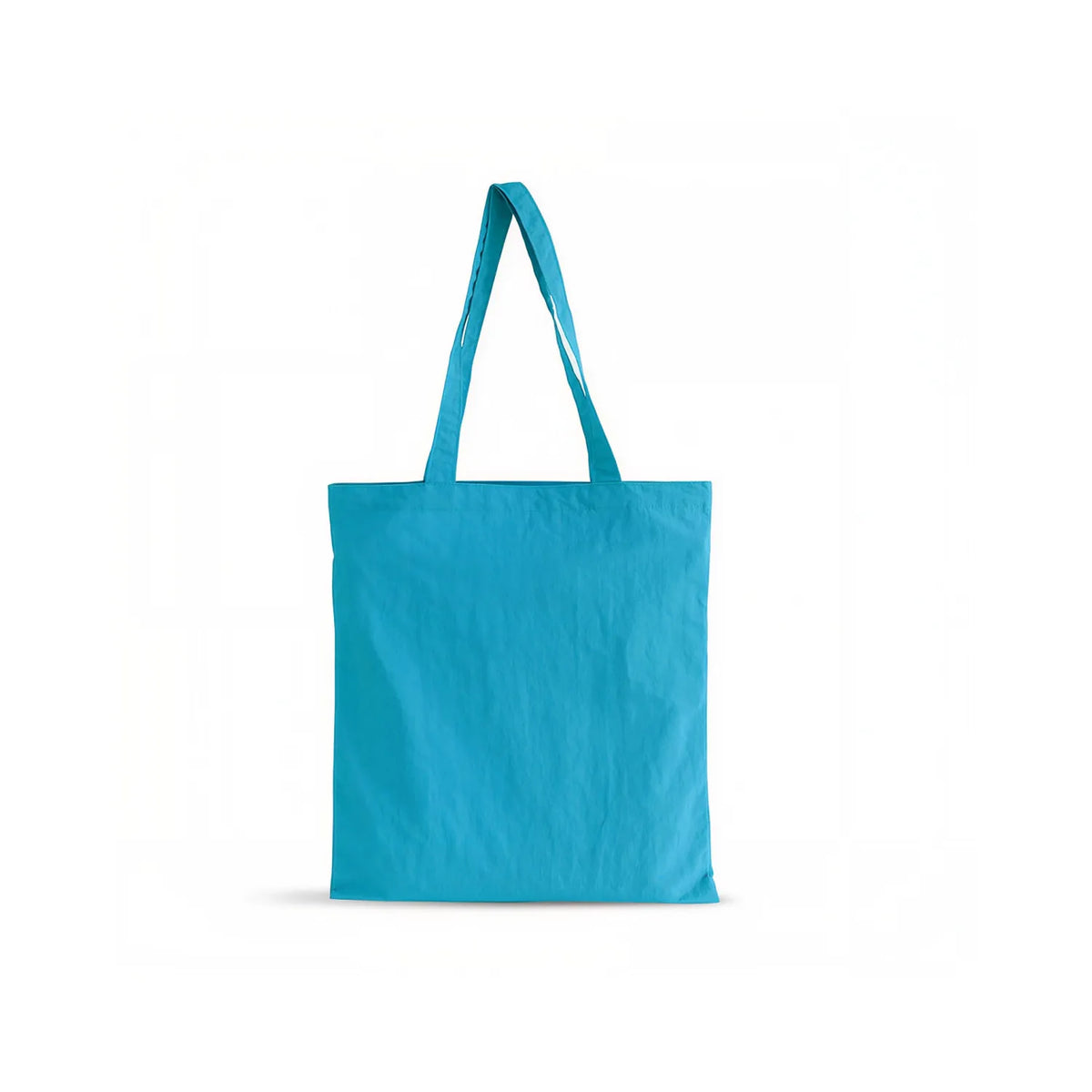 A plain aqua blue lightweight crinkle nylon tote bag with two shoulder straps, shown against a clean white background.