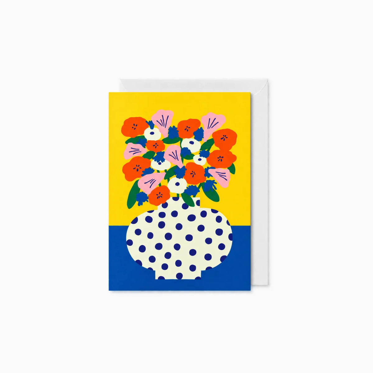 Yellow and blue Sunny Blooms greeting card with bright flowers in a polka dot vase, shown with white envelope