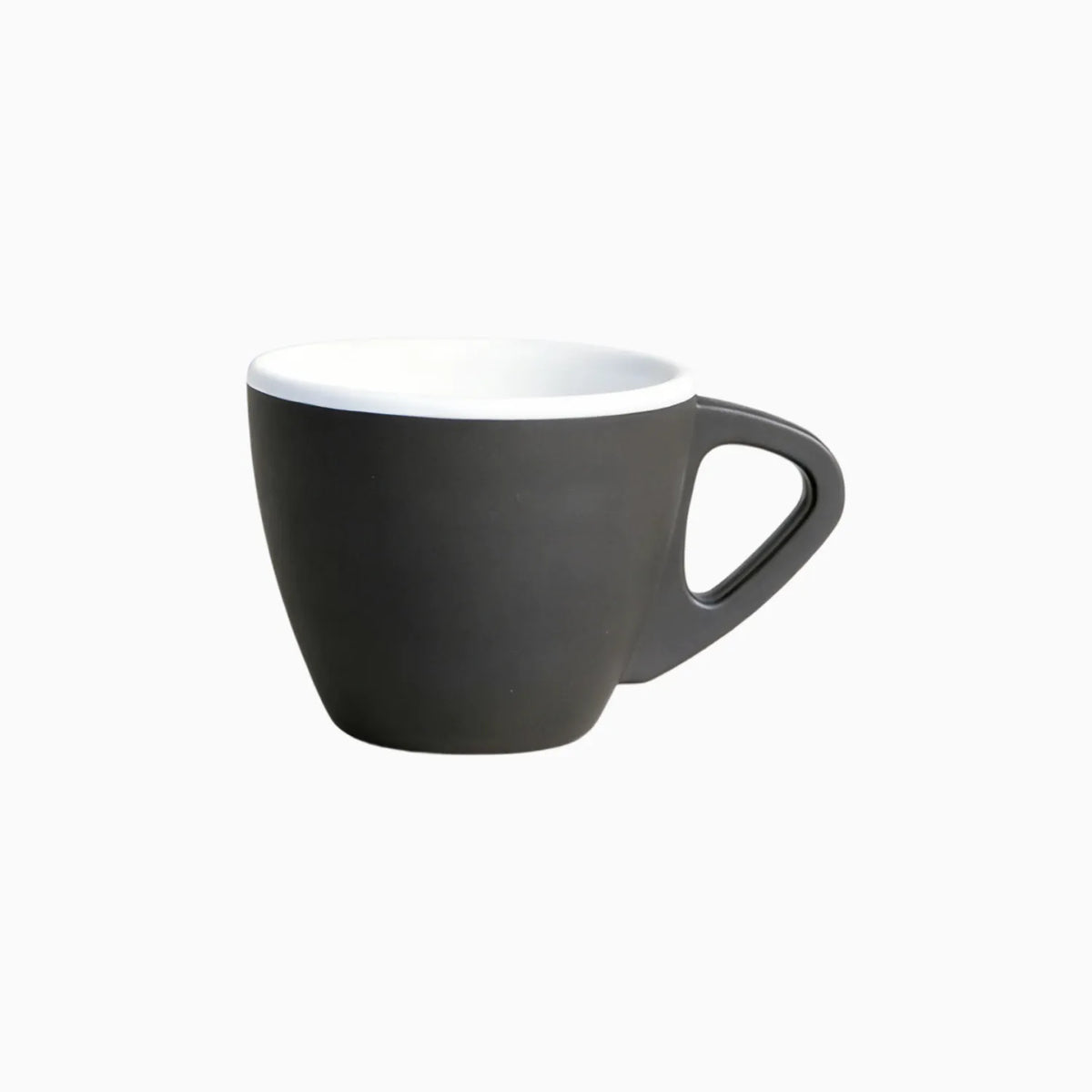 Misty dark brown 60ml PLA espresso tasting cup with a white interior and triangular handle on a white background, no branding applied