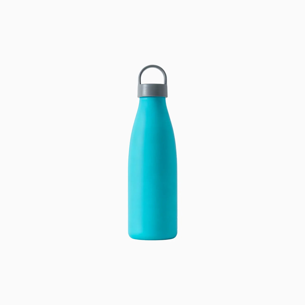 Aqua blue 750ml PLA retro cola shape bottle with a grey loop-top lid on a white background, no branding applied