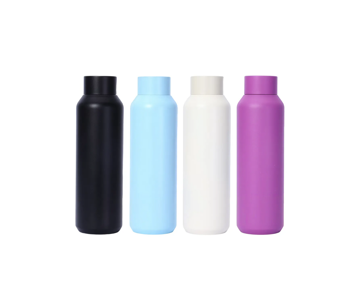Four drink bottles in the full colour range, arranged in a row on a white background.