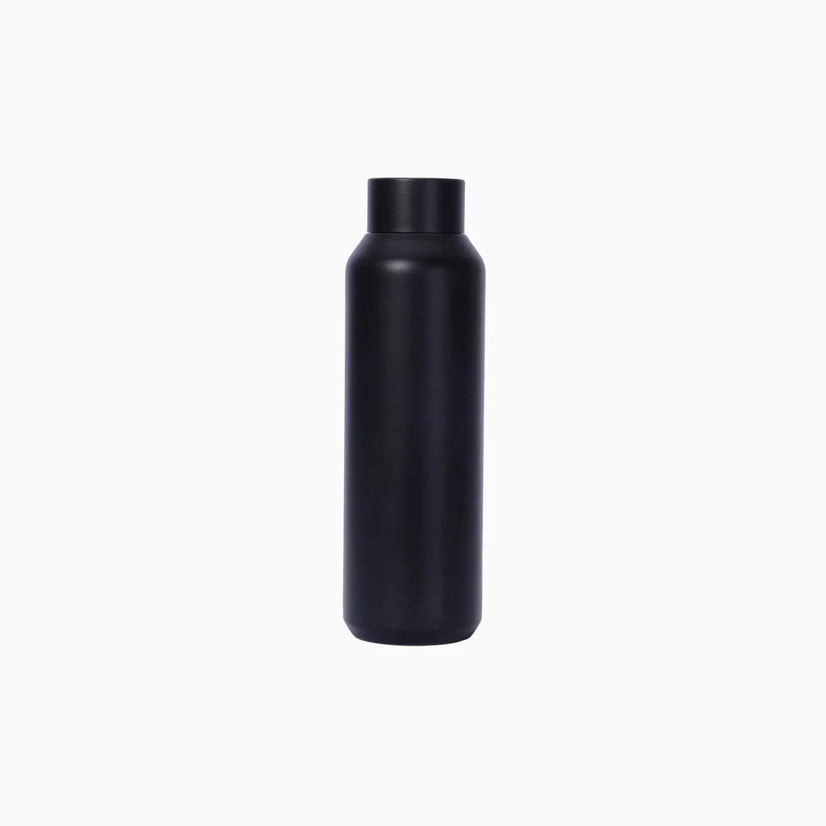 Matte black drink bottle, straight-sided with a short screw cap in matching black.