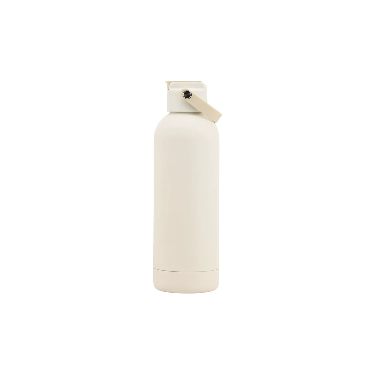 Cream white drink bottle with a straw spout lid and a fold-down carry strap.