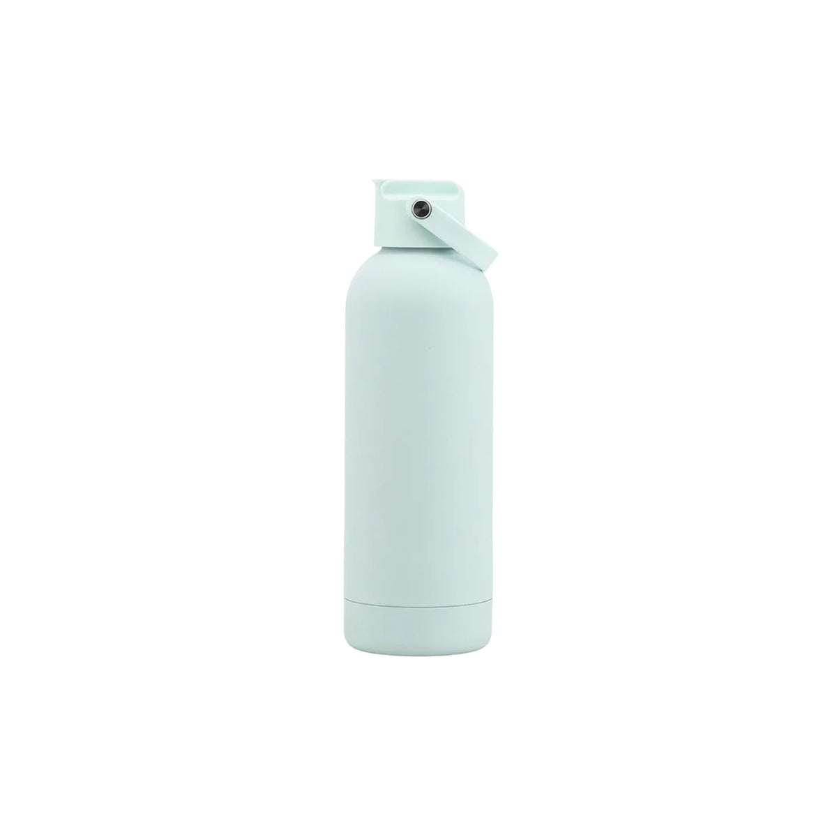 Light soft blue drink bottle with a straw spout lid and a fold-down carry strap.