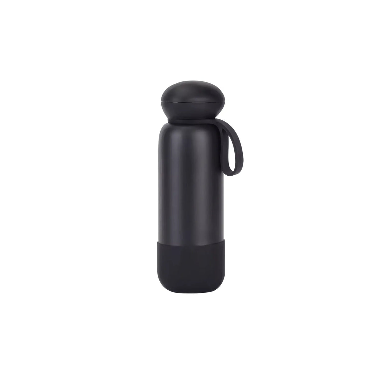 Black drink bottle with a rounded dome cap, short loop strap and a matching base band.