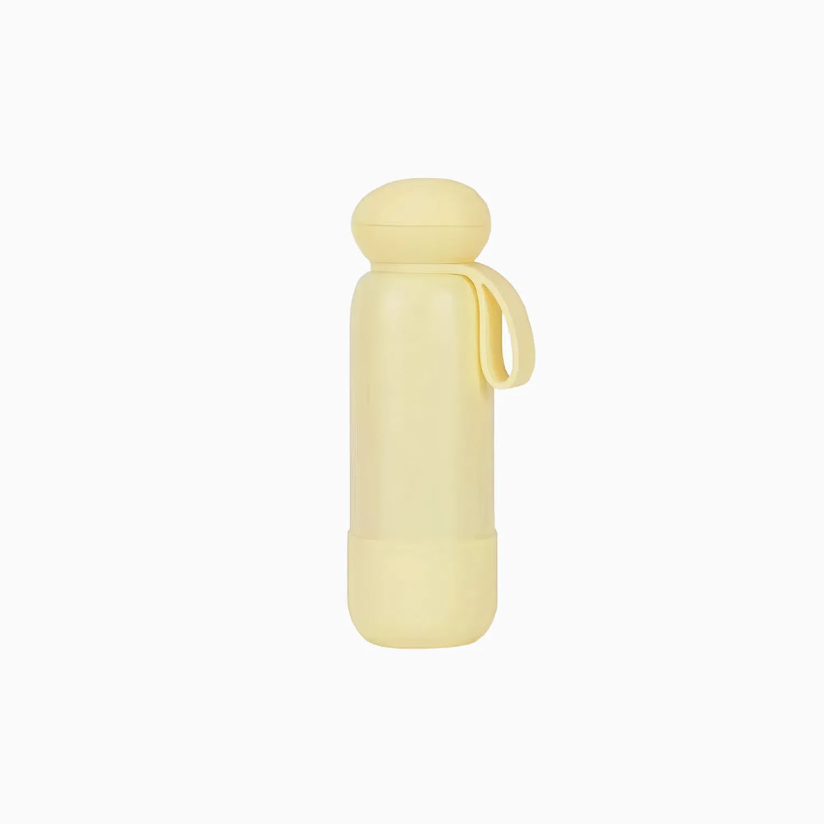 Light butter yellow drink bottle with a rounded dome cap, short loop strap and a matching base band.