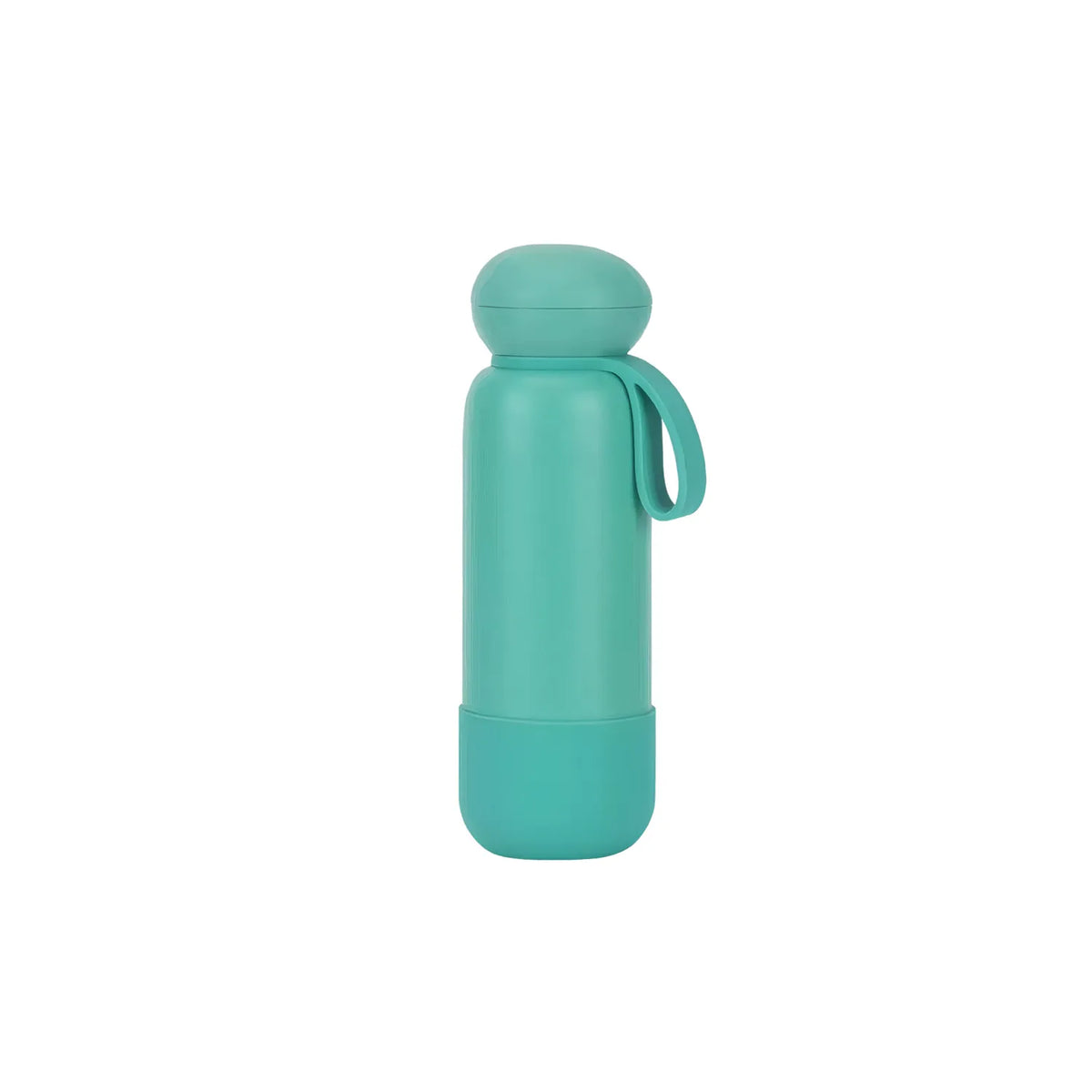 Turquoise drink bottle with a rounded dome cap, short loop strap and a matching base band.