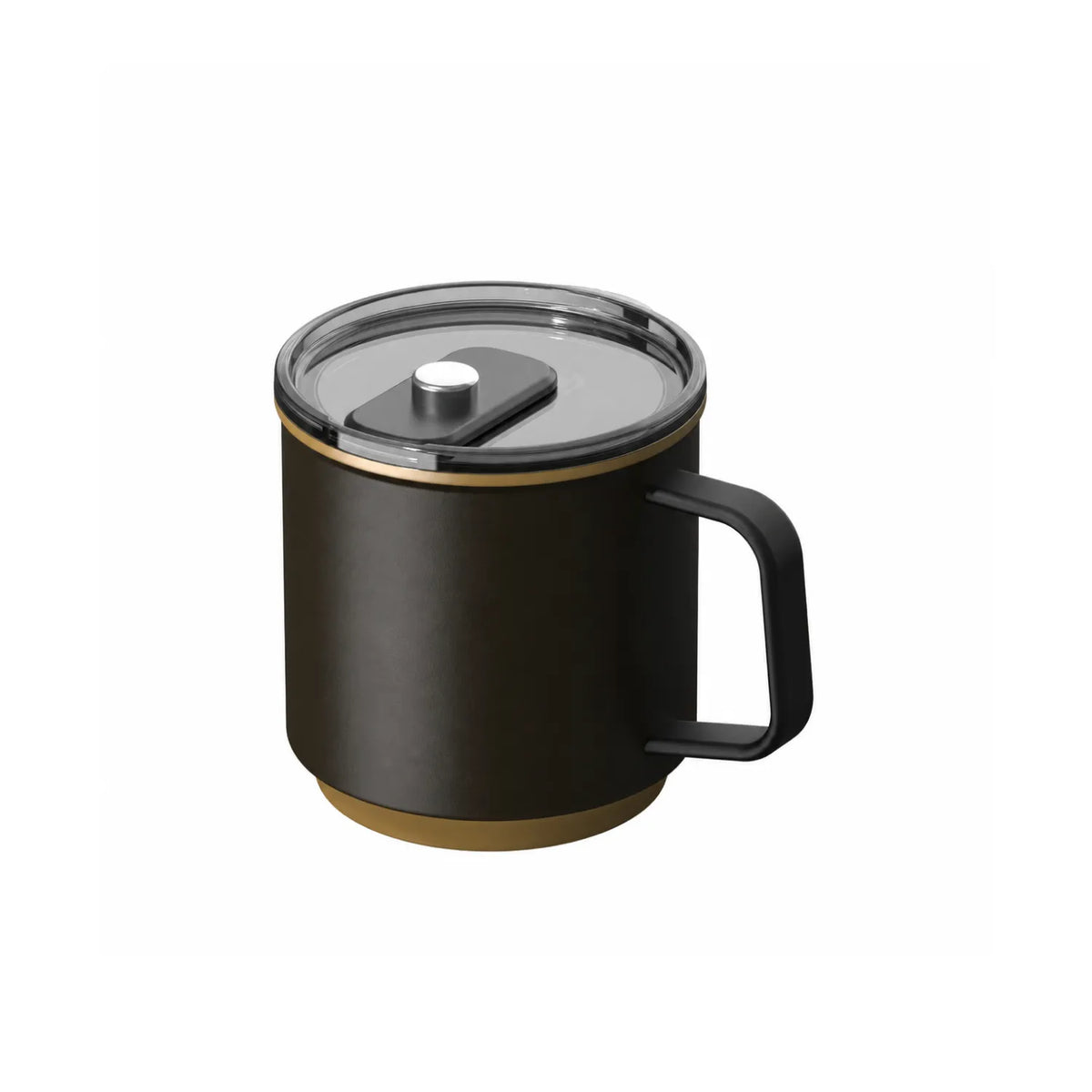 Black mug with a squared handle, gold rim and base bands and a clear slide lid with a chrome knob.