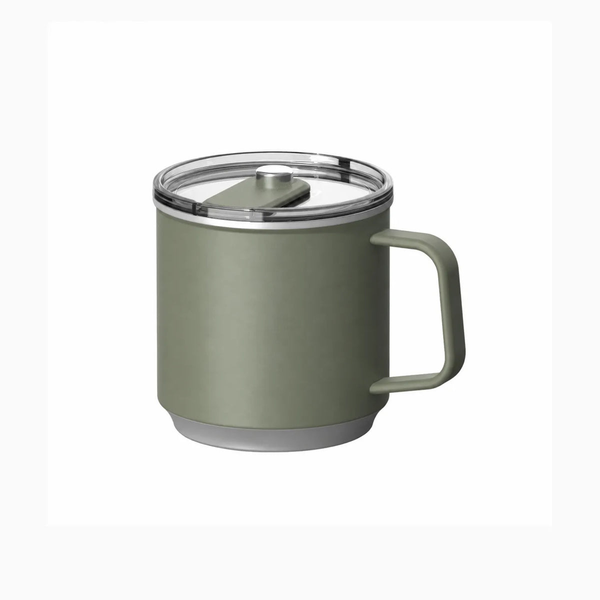 Sage green mug with a squared handle, grey base ring and a clear slide lid with a chrome knob.