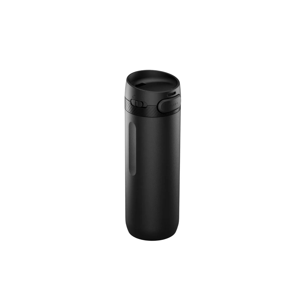 Black drink bottle with a matching push-button lid and a long recessed side grip.