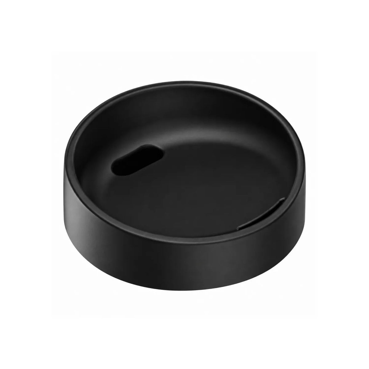 Black outer cap seen from above, a shallow dish with an oval drinking opening and a small rim notch.