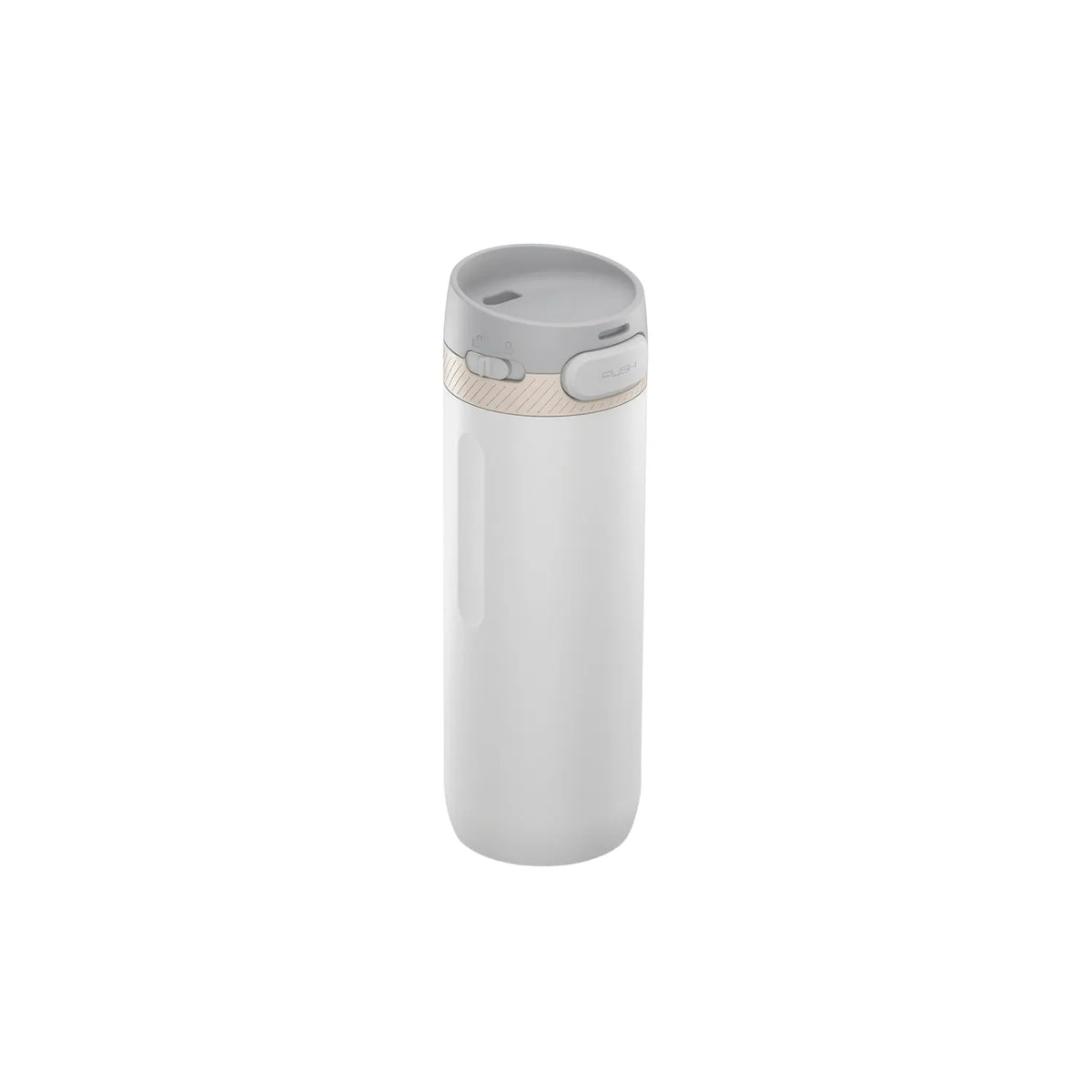 Light grey drink bottle with a grey and cream push-button lid and a long recessed side grip.