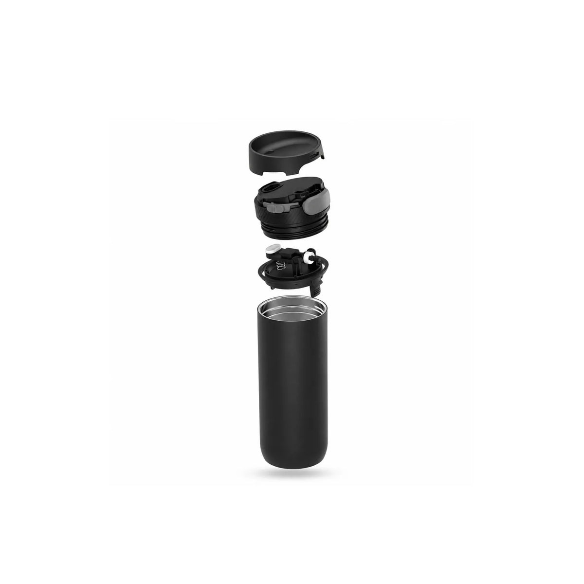 Exploded view of a black drink bottle with the outer cap, button lid and inner seal unit separated above it.
