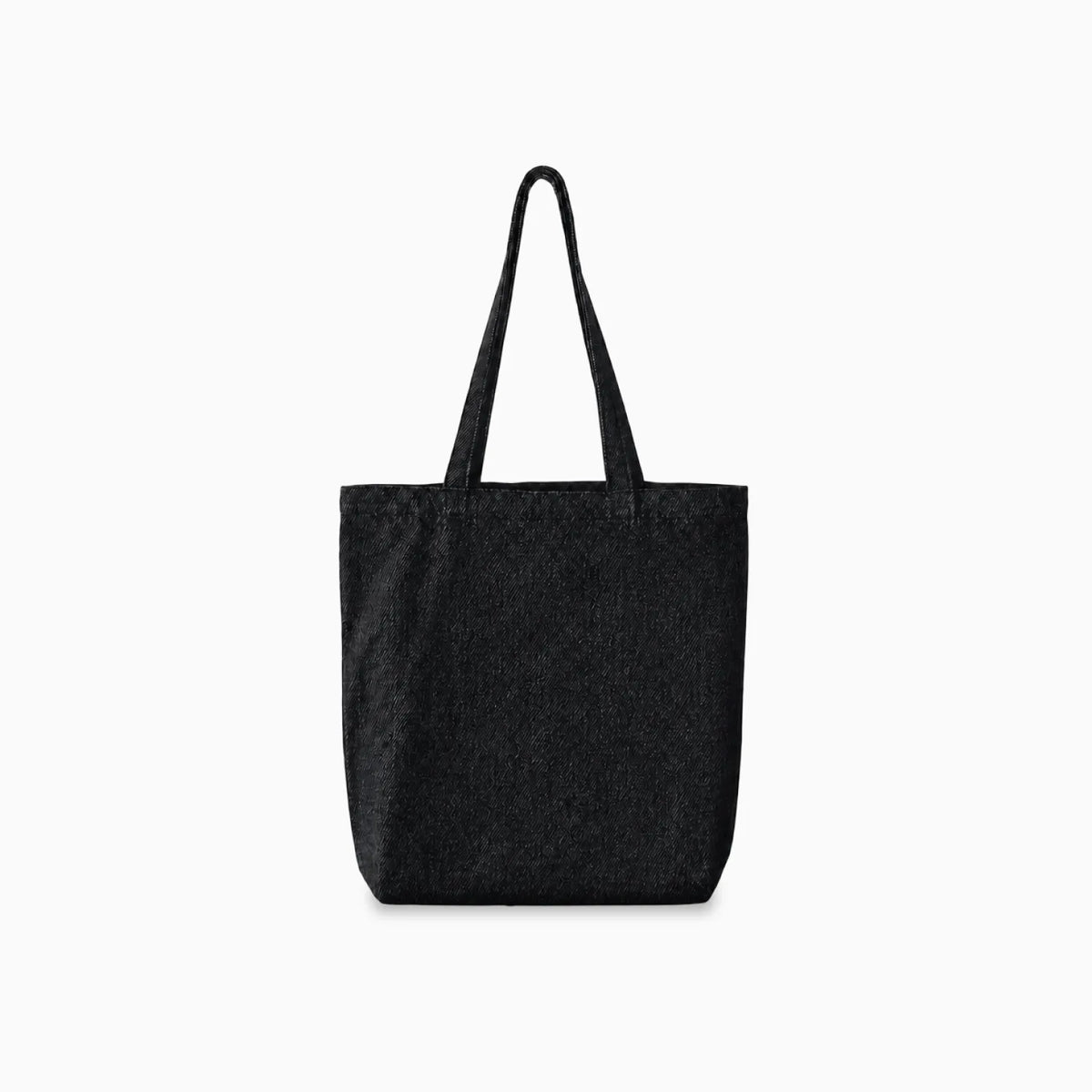 A black denim tote bag with two shoulder straps, shown against a plain light grey background.